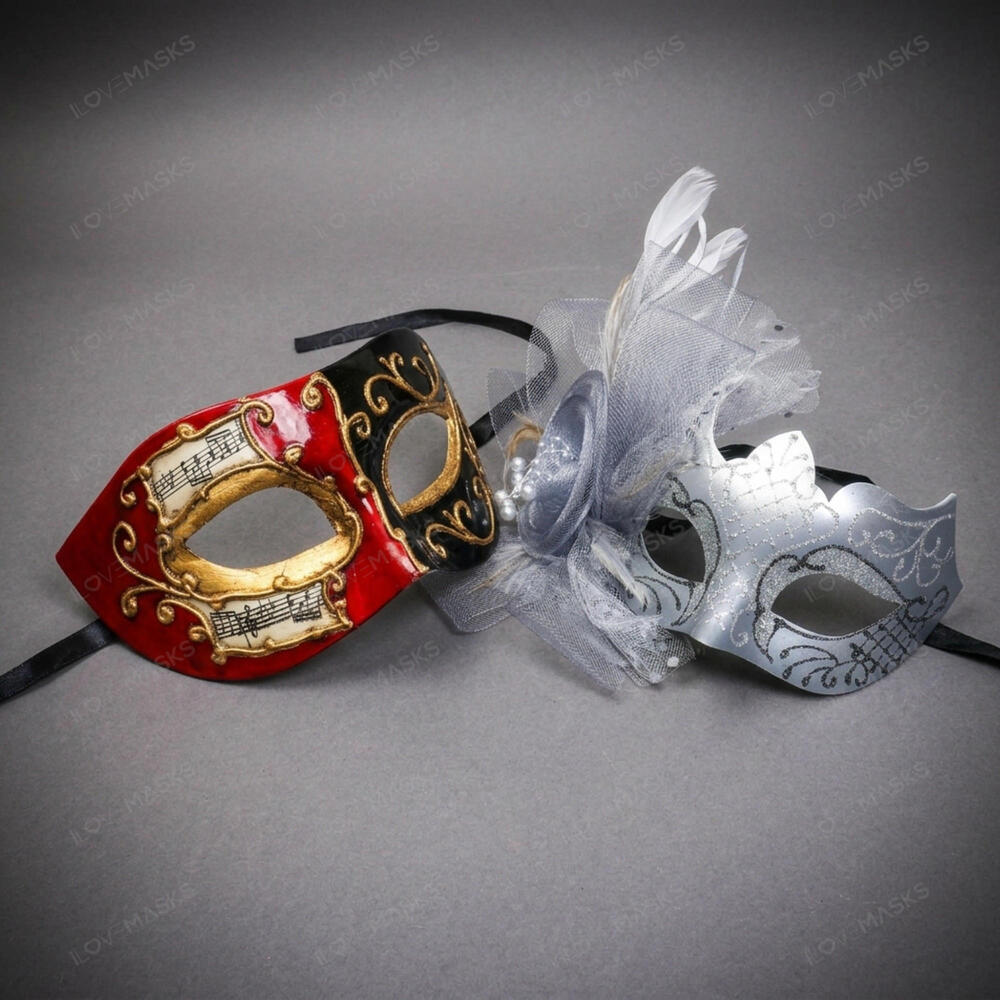 Venetian Music Feather Mardi Gras Masquerade Halloween Party mask Red Silver